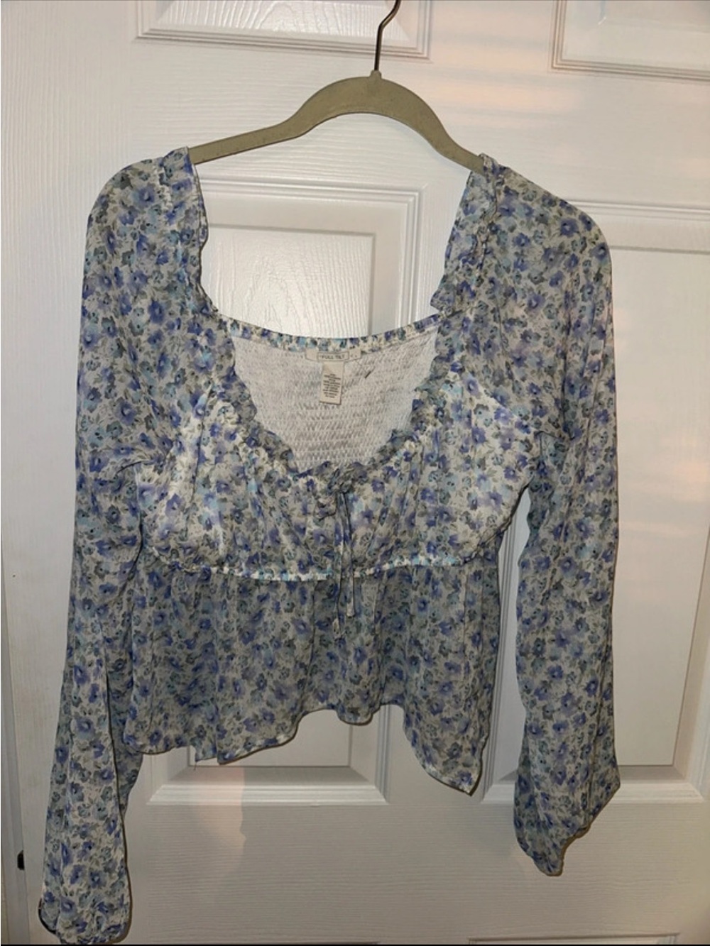Full Tilt White and Blue Floral Tie-Front Peasant Top